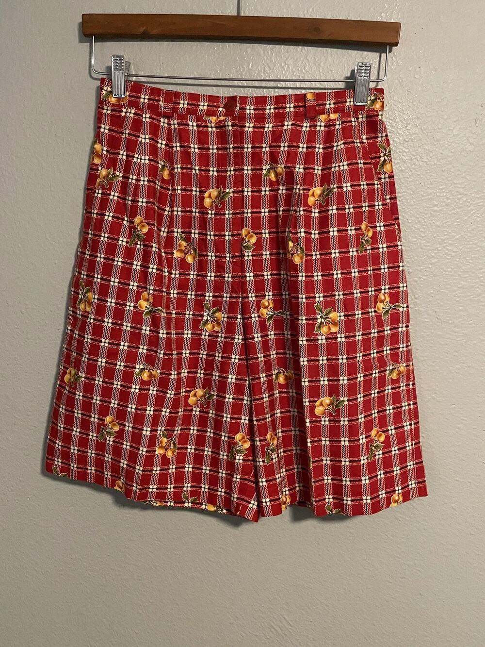 Vintage Pine Cove Shorts Womens 8 Red Plaid Fruit Bermuda Cottagecore 90s